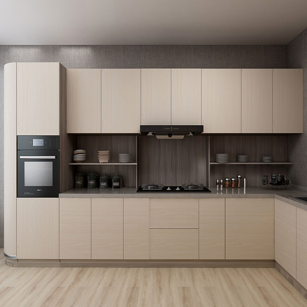 SHUIDAO Modern Matte Black L-Shaped Kitchen Cabinet System with Marble Countertop & LED Display Shelving