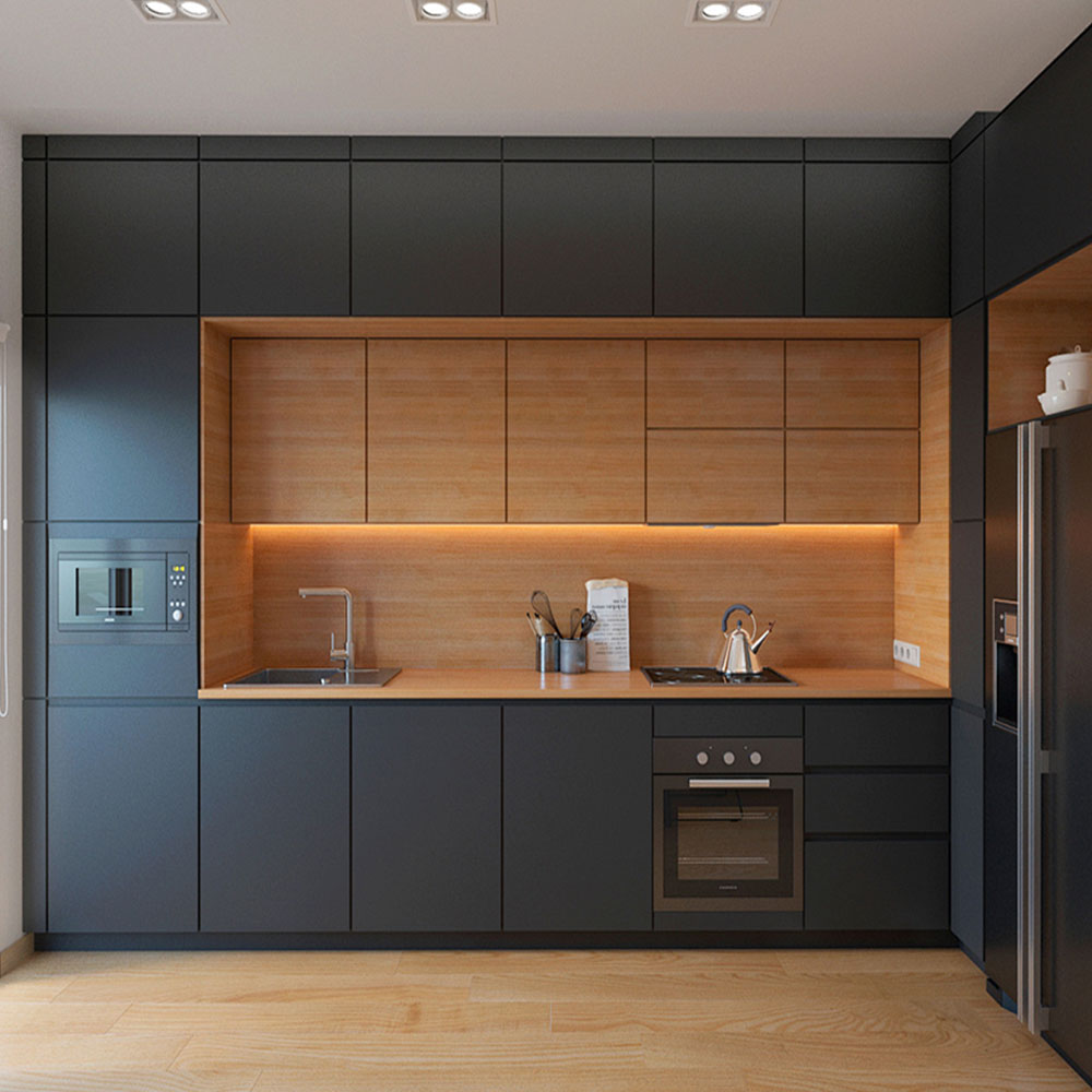 SHUIDAO Modern Matte Black L-Shaped Kitchen Cabinet System with Marble Countertop & LED Display Shelving