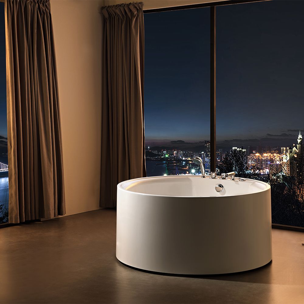 SHUIDAO Round Freestanding Whirlpool Bathtub with Side-Wall & Base Jets & 5-Hole Chrome Deck-Mount Filler
