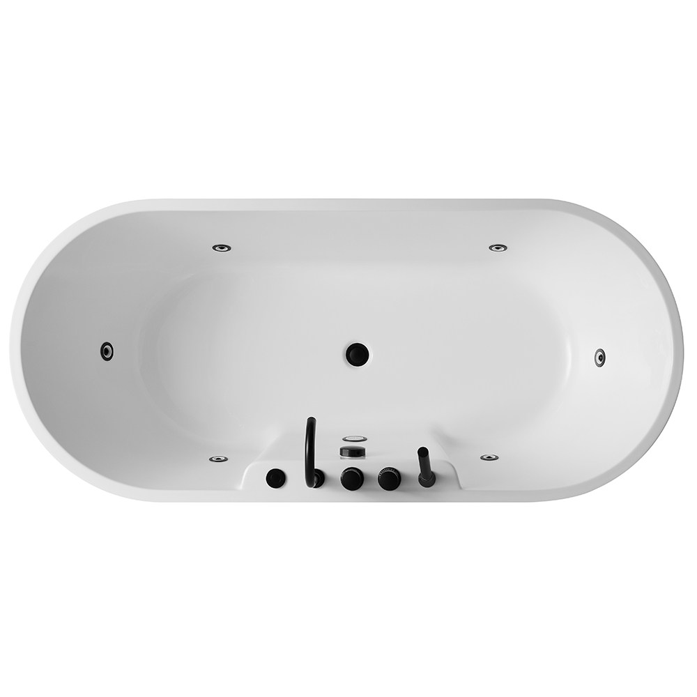 SHUIDAO Oval Freestanding Whirlpool Bathtub with Matte Black Jets & 5-Hole Deck-Mount Filler