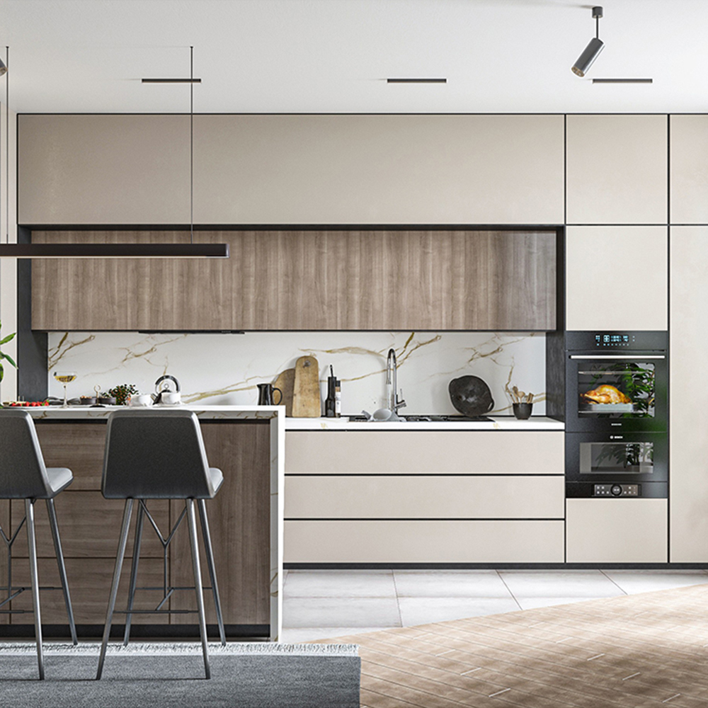 SHUIDAO Art-Forward Kitchen System with Fluted Black Island, Terrazzo-Marble Layered Backsplash, LED Glass Display Cabinets & Natural Stone Stools