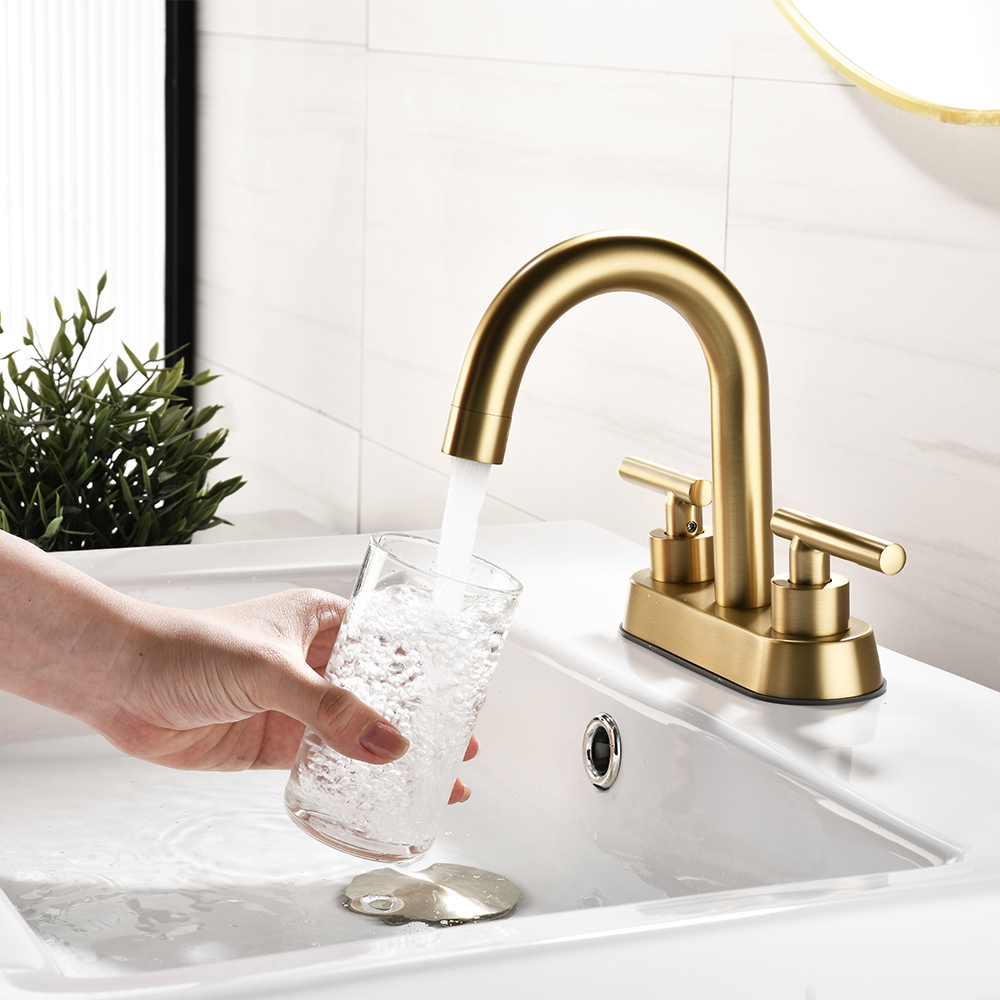 SHUIDAO Brushed Gold 4-Inch Centerset Basin Faucet with Round Gooseneck Spout & T-Bar Lever Handles