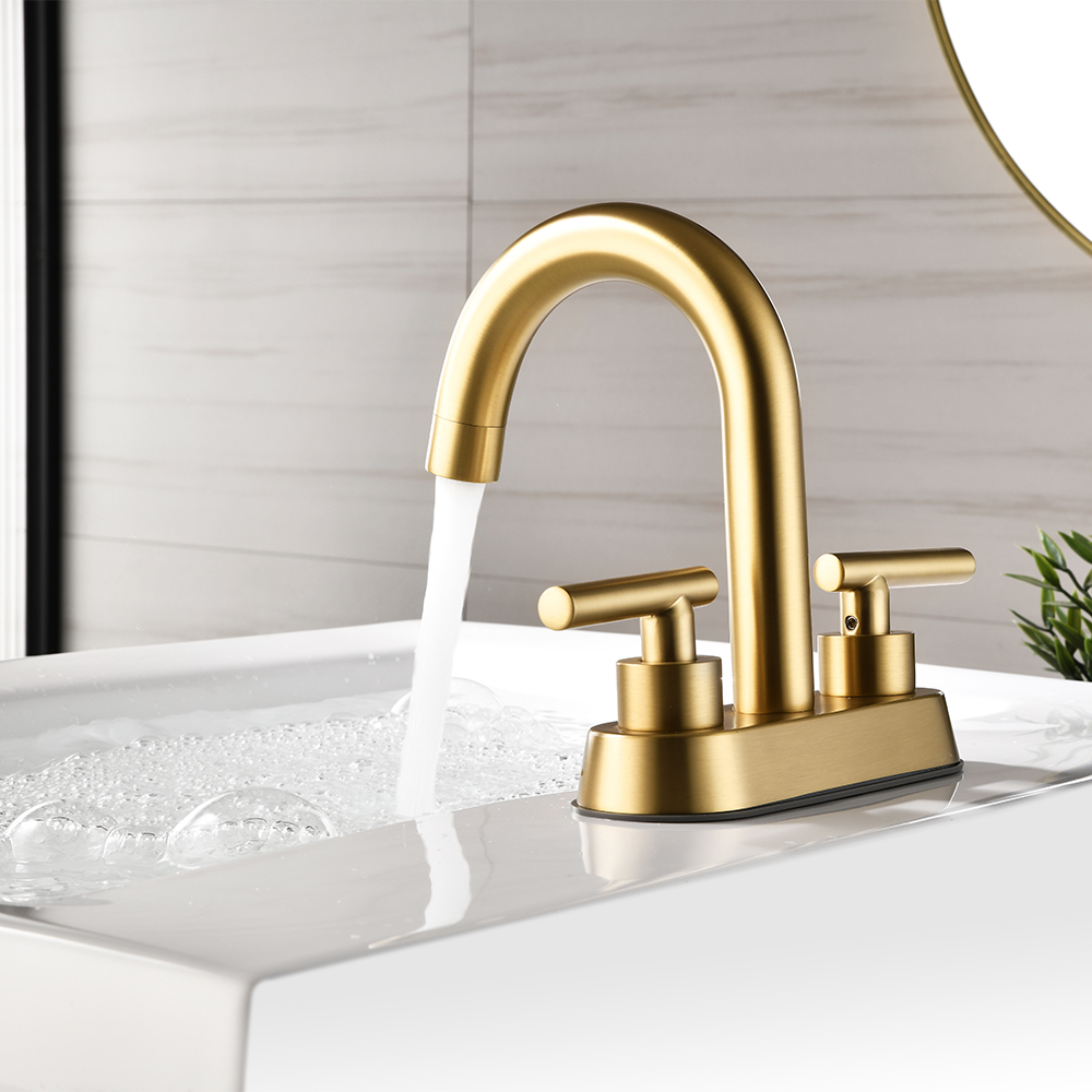 SHUIDAO Brushed Gold 4-Inch Centerset Basin Faucet with Round Gooseneck Spout & T-Bar Lever Handles