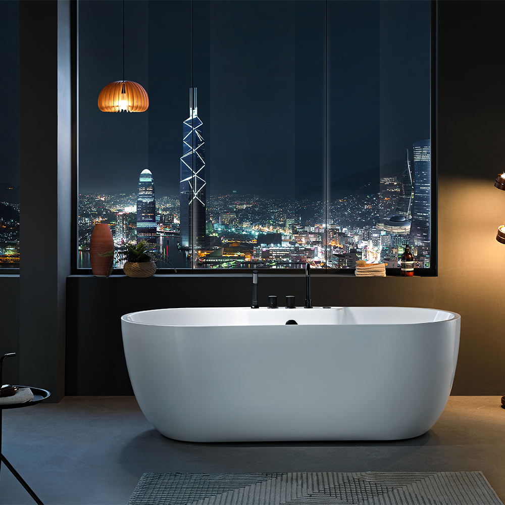 SHUIDAO Oval Freestanding Whirlpool Bathtub with Matte Black Jets & 5-Hole Deck-Mount Filler