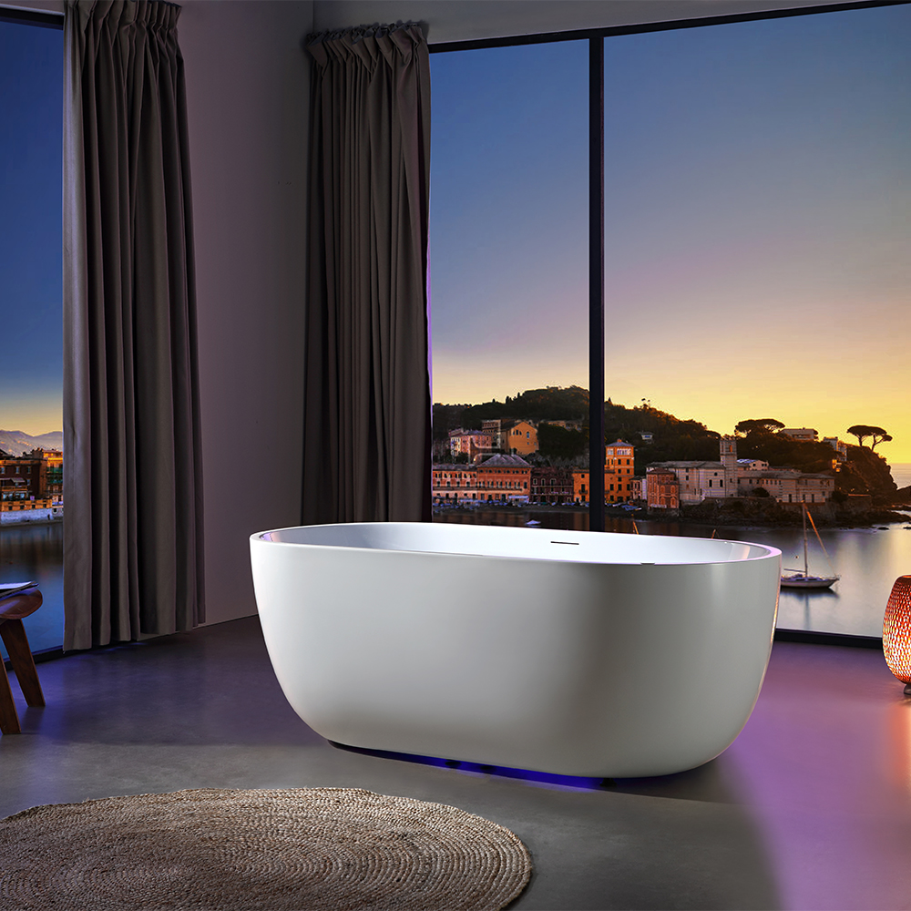 Egg-Form Freestanding Whirlpool Bathtub with Blue LED Underwater Lighting & Air Bubble Massage