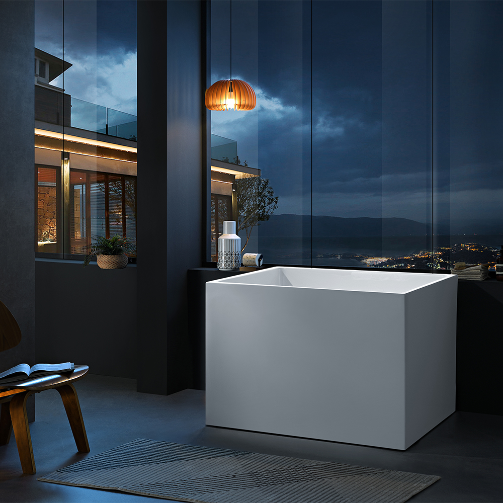 SHUIDAO Japanese Deep Soaking Tub with Integrated Seat Step & Solid Wood Floor Mat