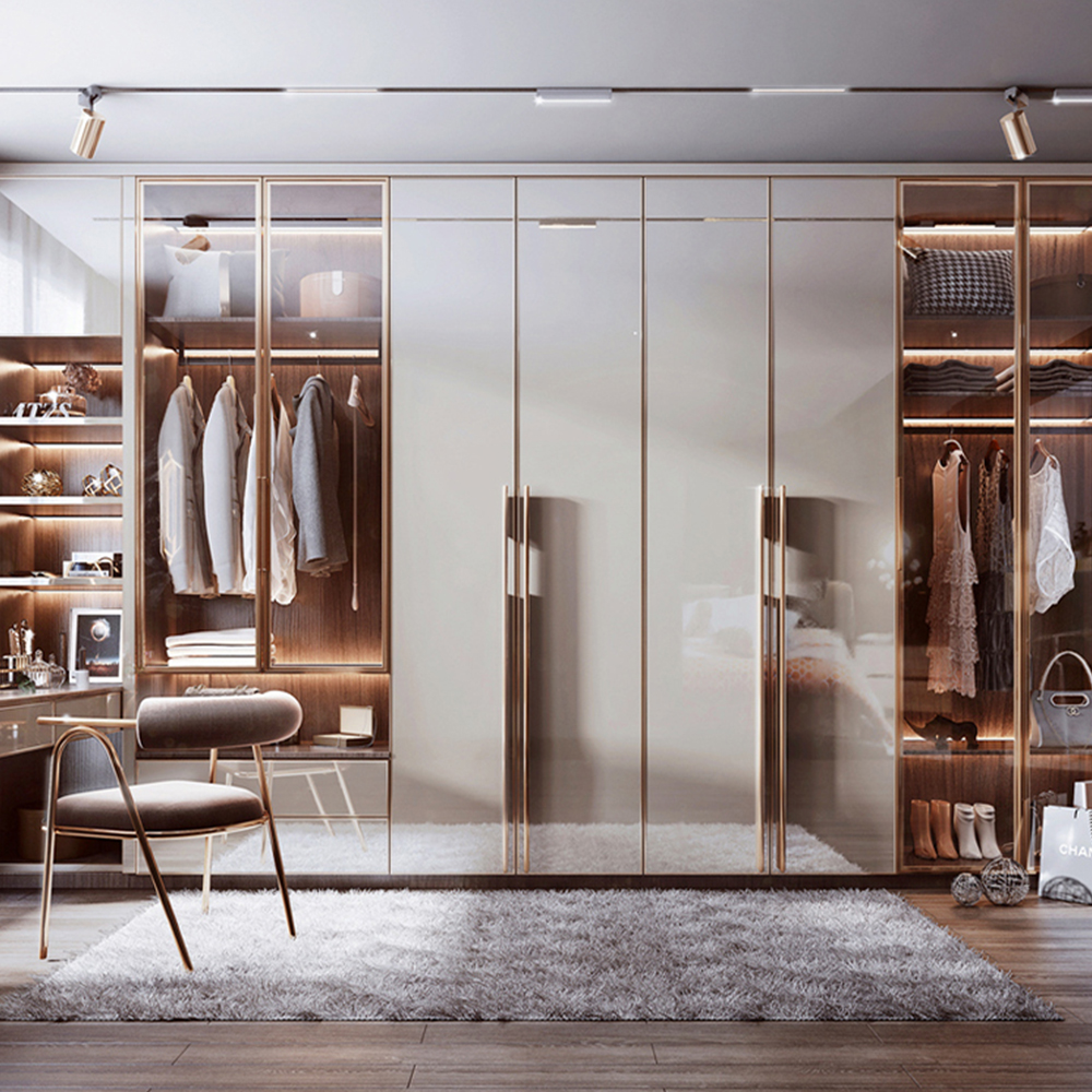 SHUIDAO Dark Grey Wardrobe & Integrated Vanity System with Champagne Gold Glass Sliding Doors, Fluted Feature Wall & Round LED Mirror