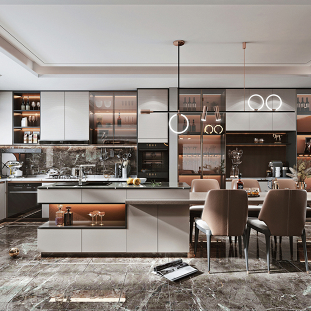 SHUIDAO Architect-Grade Kitchen System with Sliding Dark Wood Pantry Reveal, White Gloss Island Base & Suspended Hood Shelf