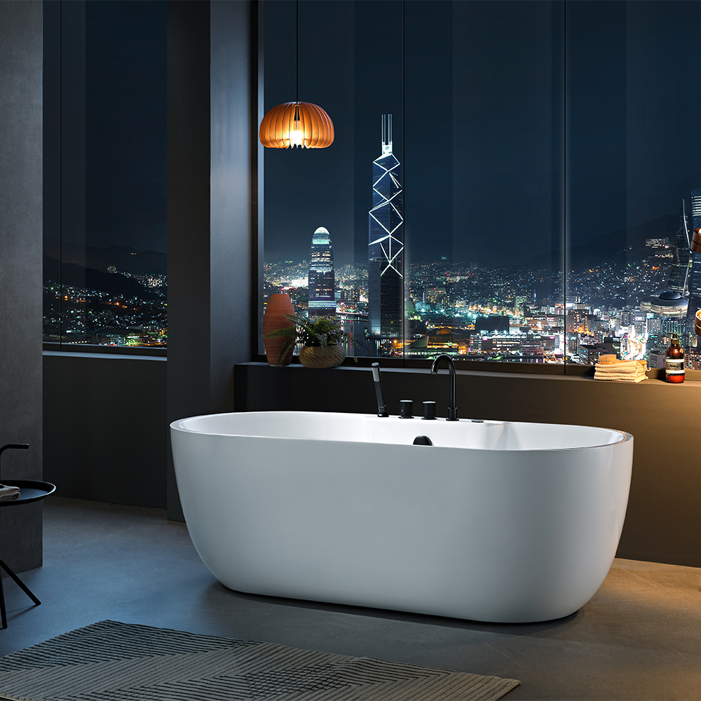 SHUIDAO Oval Freestanding Whirlpool Bathtub with Matte Black Jets & 5-Hole Deck-Mount Filler