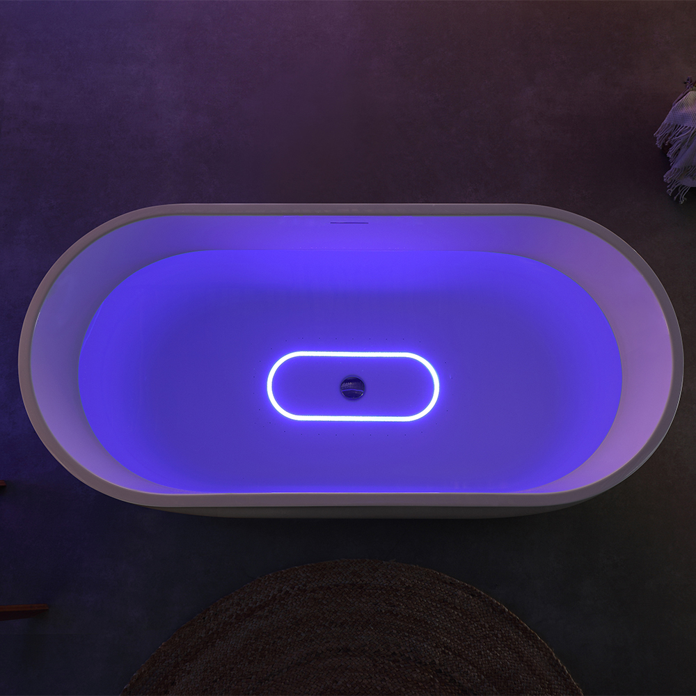 Egg-Form Freestanding Whirlpool Bathtub with Blue LED Underwater Lighting & Air Bubble Massage