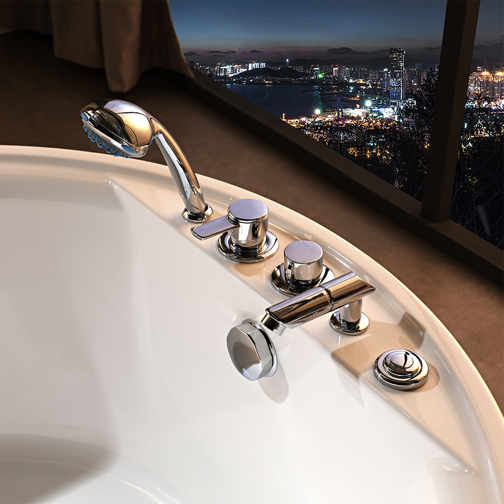 SHUIDAO Round Freestanding Whirlpool Bathtub with Side-Wall & Base Jets & 5-Hole Chrome Deck-Mount Filler