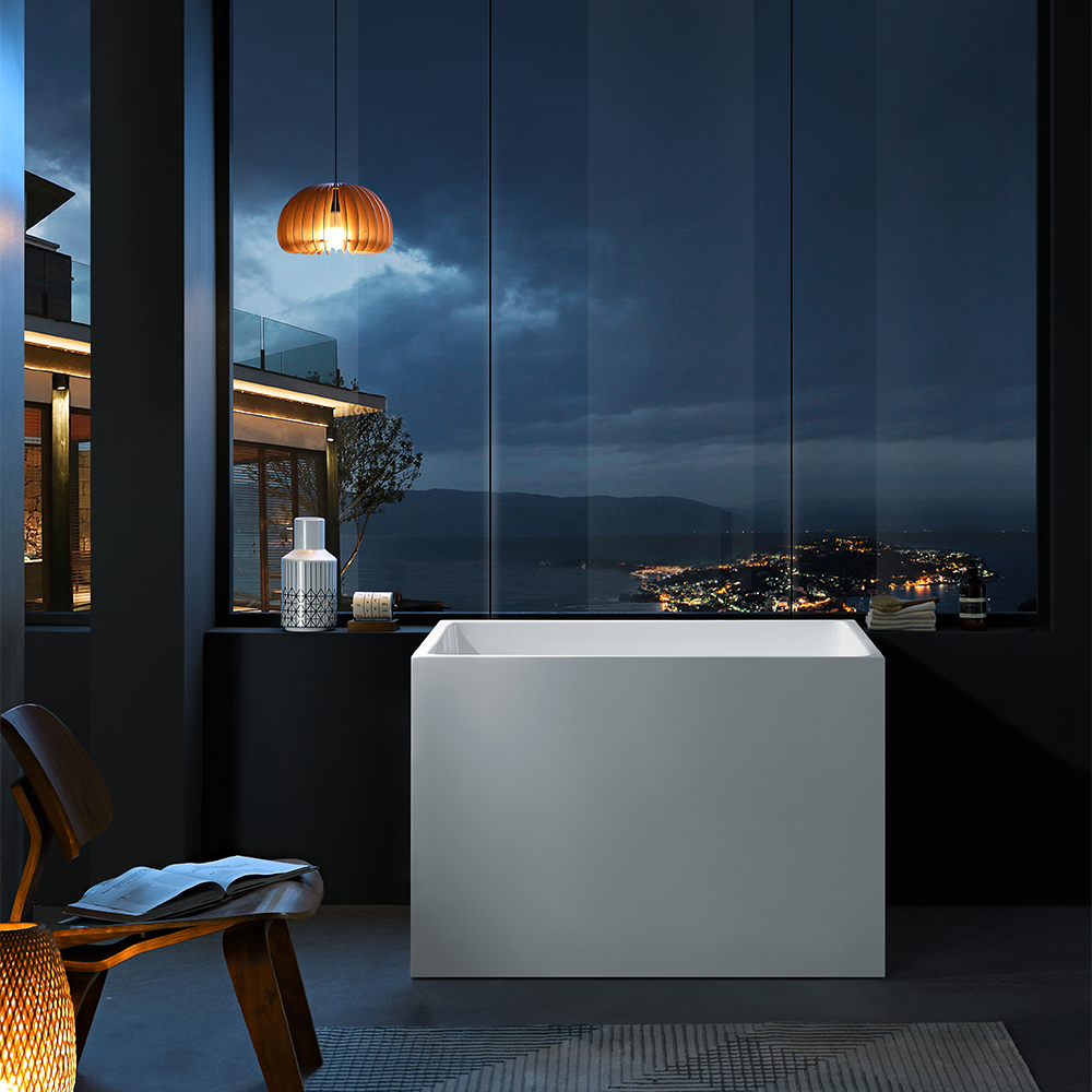 SHUIDAO Japanese Deep Soaking Tub with Integrated Seat Step & Solid Wood Floor Mat