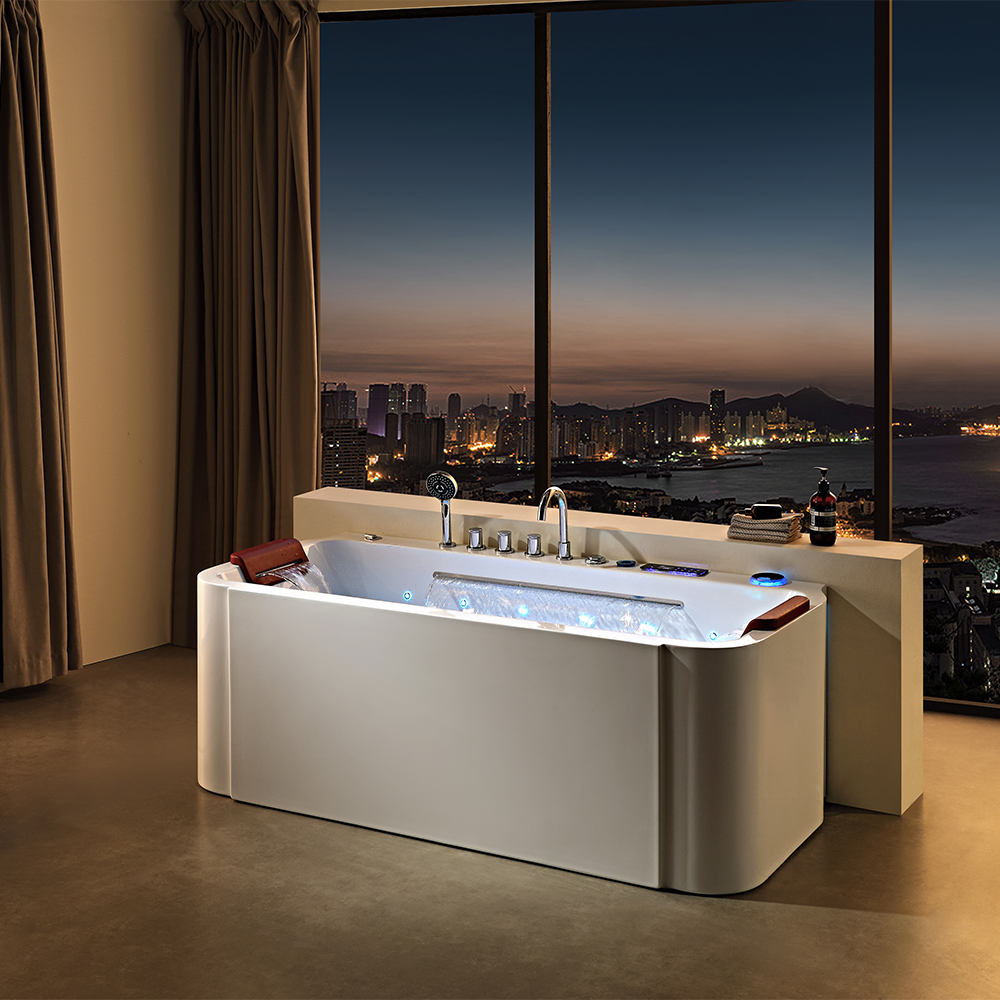 SHUIDAO Double-Person Whirlpool Bathtub with Waterfall Spout, Blue LED, Air Bubble System, LCD Touch Panel & Dual Red Headrests