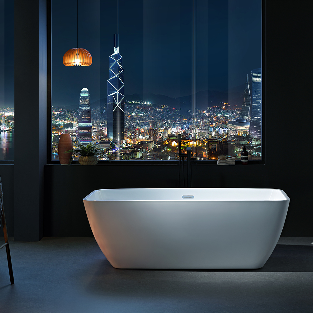 SHUIDAO Rectangular Freestanding Bathtub with Softened Corners & Matte Black Floor-Mount Filler