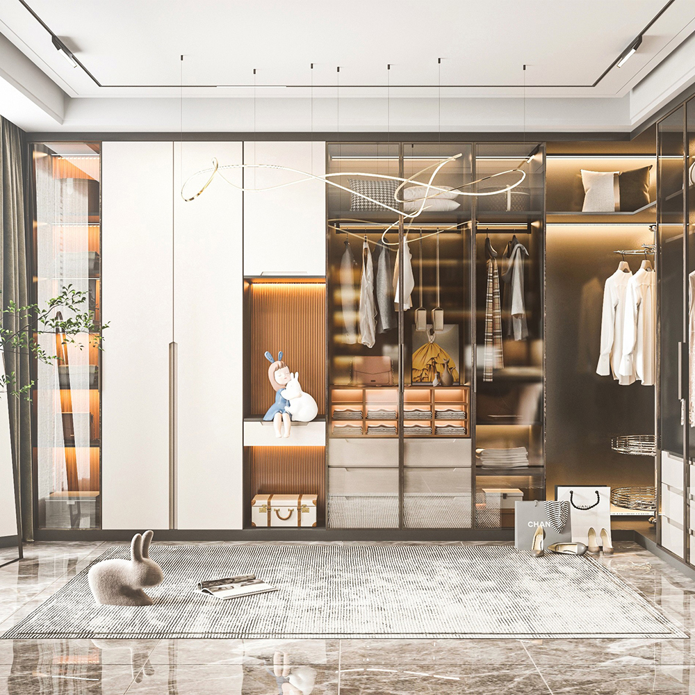 SHUIDAO Integrated Bedroom Wall System with Built-In Desk, LED Open Display Shelving, Swing-Door Wardrobe & Open Dressing Zone