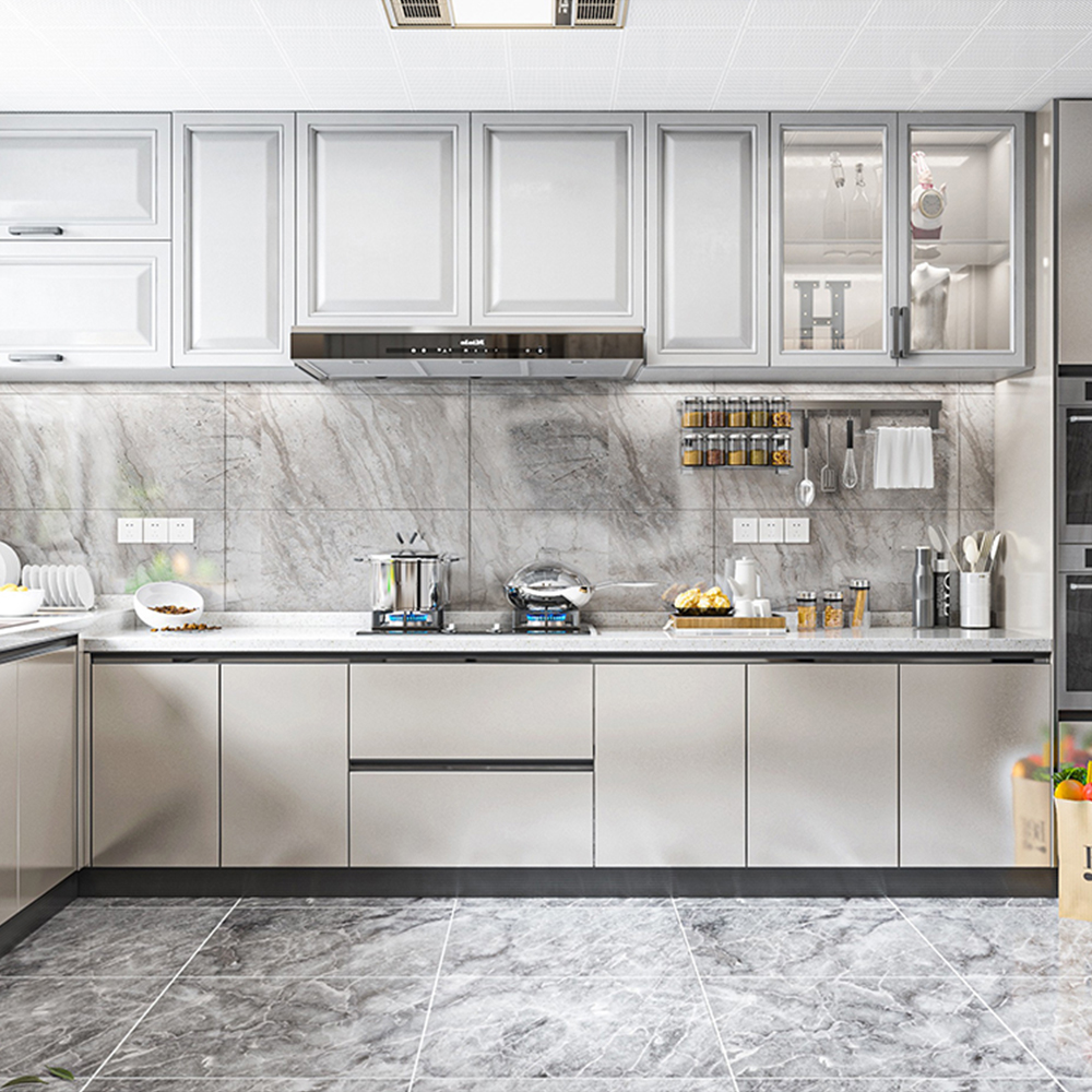 SHUIDAO Multi-Tone L-Shaped Kitchen System with High-Gloss Grey & White Cabinets, LED Open Shelf Display, Glass Showcase Unit & Marble Backsplash