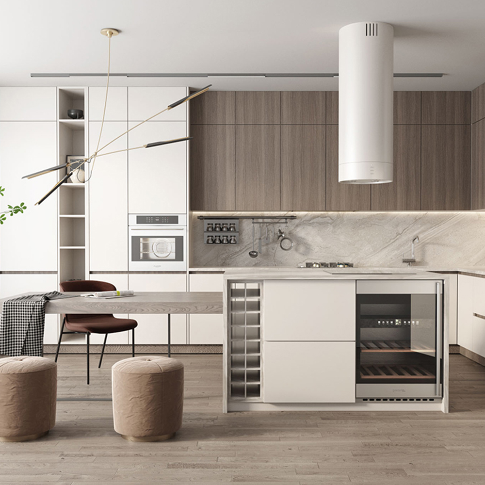 SHUIDAO Dark Luxury Open-Plan Kitchen & Dining System with White Gloss Cabinets, Black Gold Marble, Square Island Hood, LED Wine Display & Walnut Ceiling