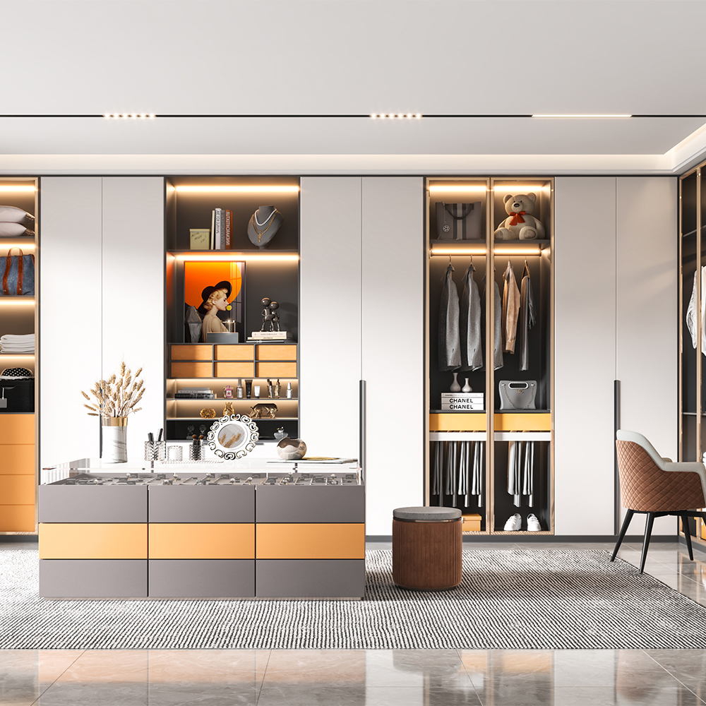 SHUIDAO Integrated Bedroom Wall System with Built-In Desk, LED Open Display Shelving, Swing-Door Wardrobe & Open Dressing Zone