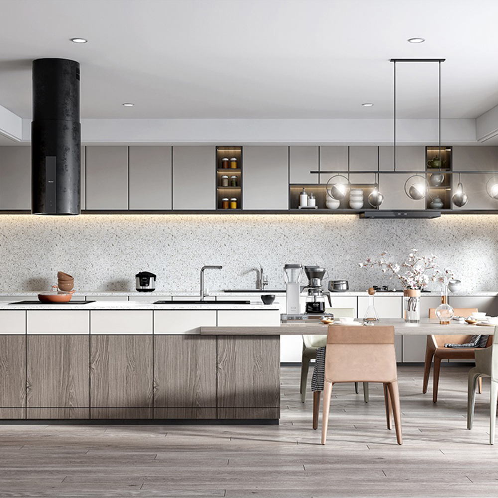 SHUIDAO Modern Functional Straight Kitchen System with Dark Grey Upper Cabinets, Twin LED Glass Display Units, Warm Wood-Grain Base & Integrated Range Cooker