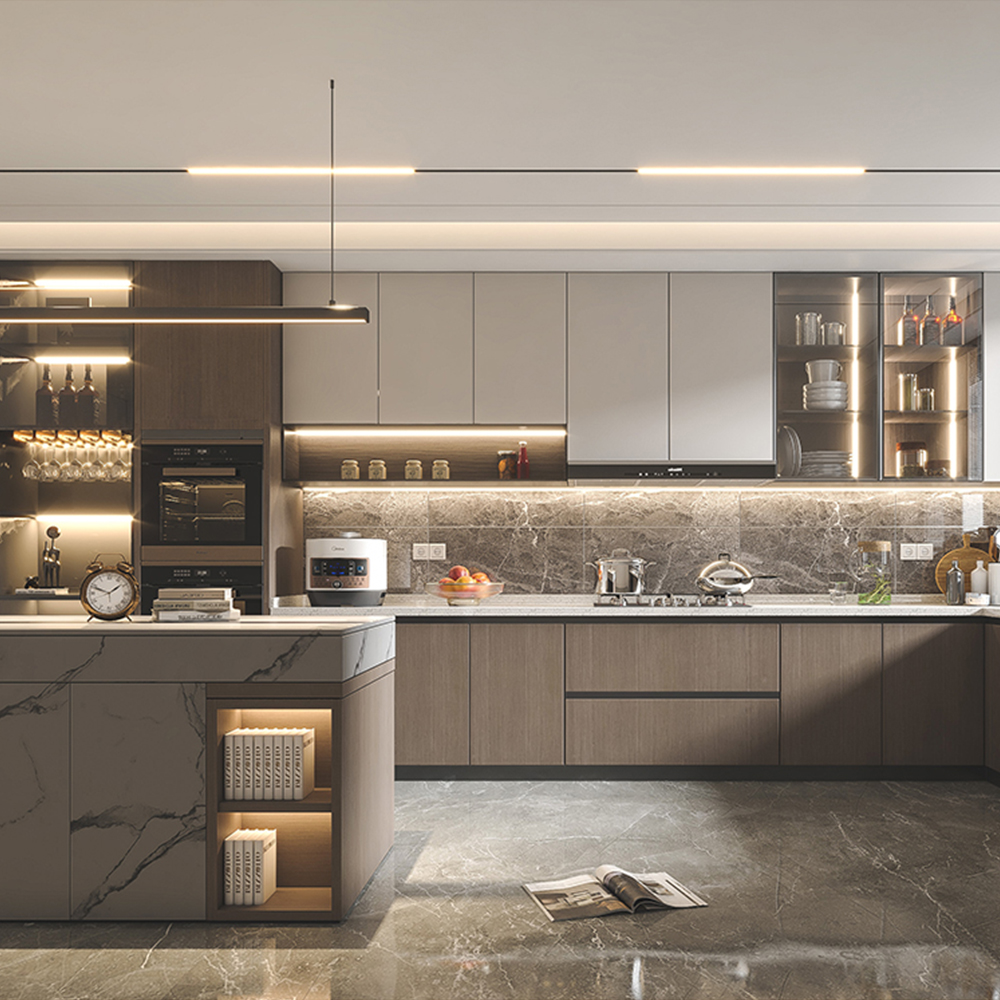 SHUIDAO Dark Luxury Open-Plan Kitchen & Dining System with White Gloss Cabinets, Black Gold Marble, Square Island Hood, LED Wine Display & Walnut Ceiling