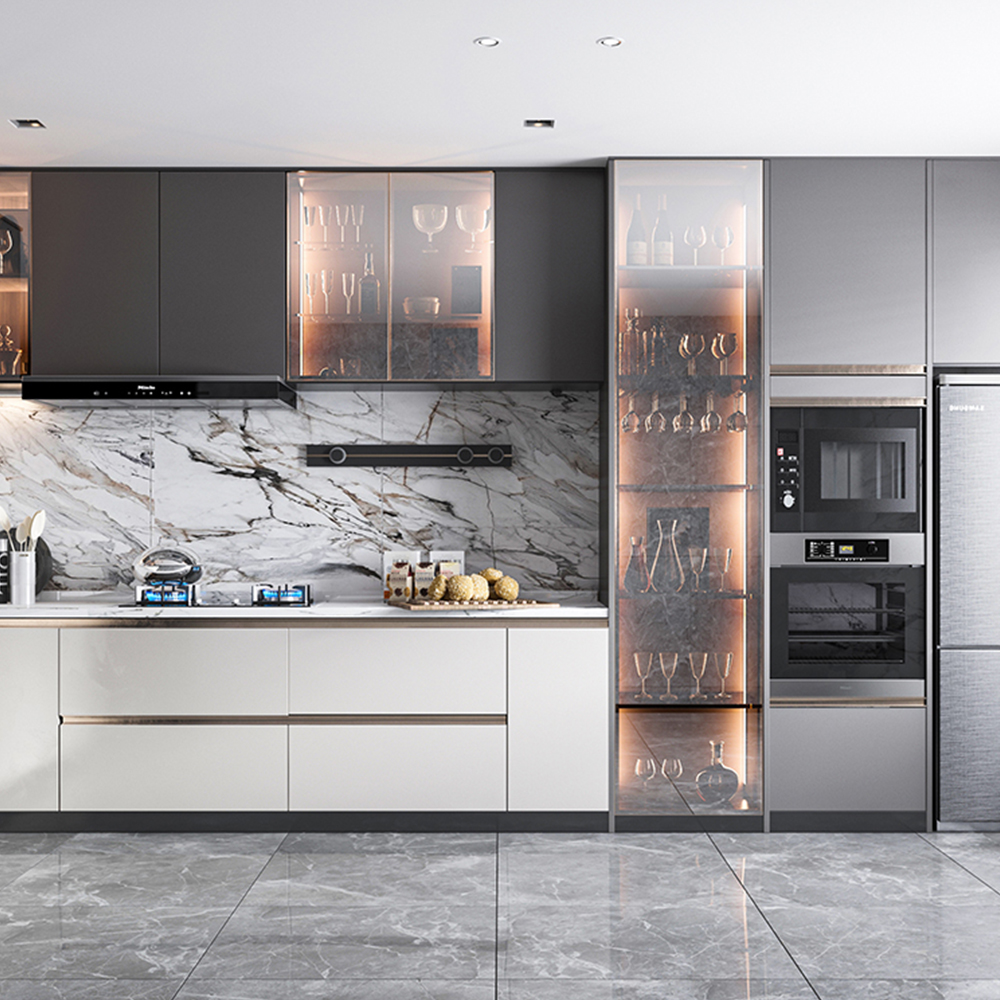 SHUIDAO Modern Luxury Kitchen System with White Matte Cabinets, Dark Frame Glass Display Units, Dramatic Marble Backsplash, Grey Stone Island & Wood-Grain Dining Extension