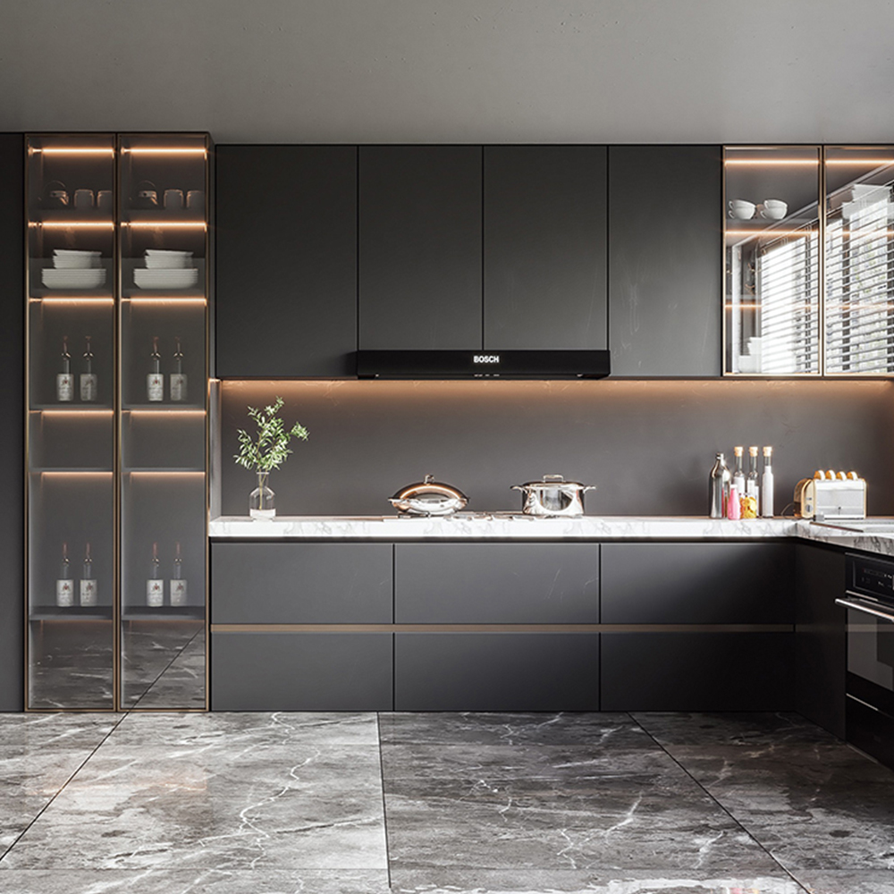 SHUIDAO Dark Luxury Open-Plan Kitchen & Dining System with White Gloss Cabinets, Black Gold Marble, Square Island Hood, LED Wine Display & Walnut Ceiling