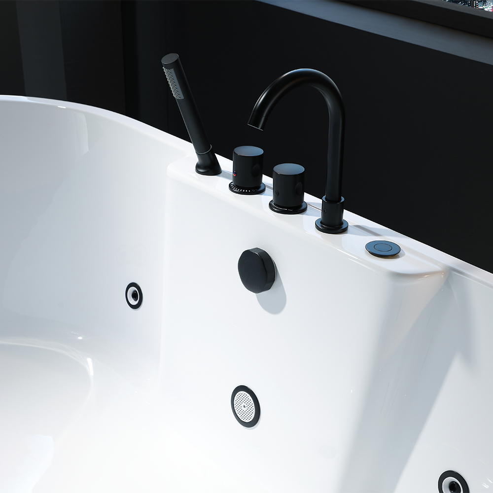 SHUIDAO Oval Freestanding Whirlpool Bathtub with Matte Black Jets & 5-Hole Deck-Mount Filler