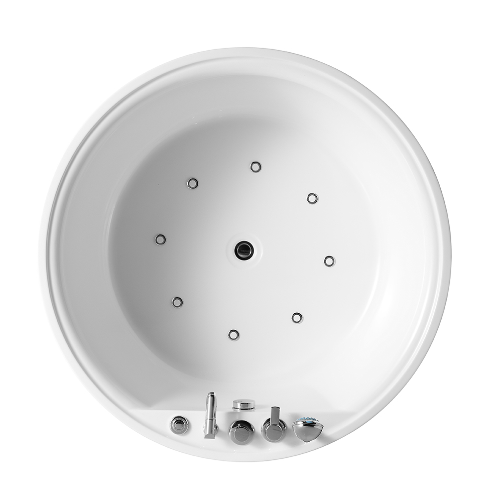 SHUIDAO Round Freestanding Whirlpool Bathtub with Side-Wall & Base Jets & 5-Hole Chrome Deck-Mount Filler