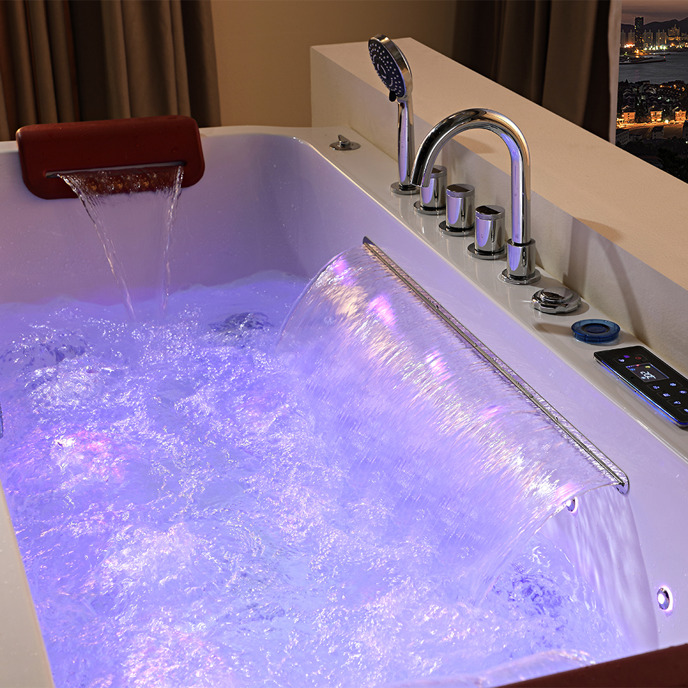 SHUIDAO Double-Person Whirlpool Bathtub with Waterfall Spout, Blue LED, Air Bubble System, LCD Touch Panel & Dual Red Headrests