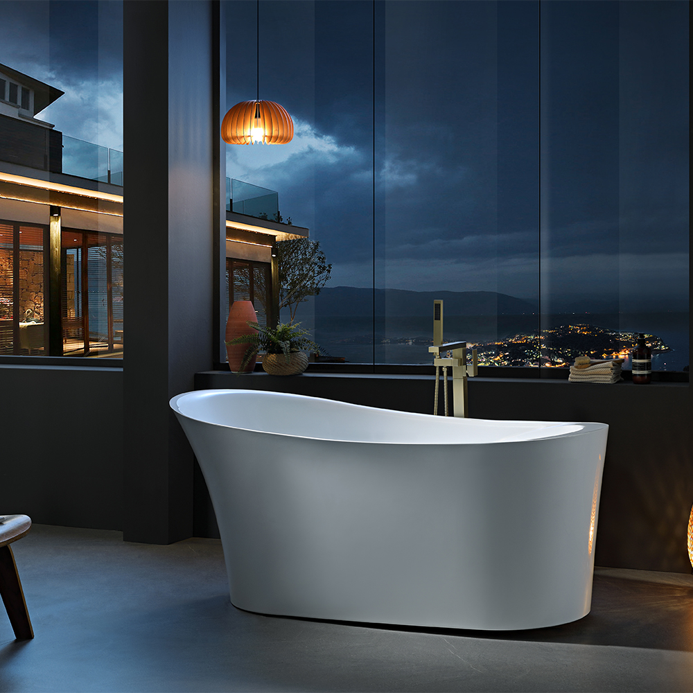 SHUIDAO Oval Slipper Freestanding Bathtub with Brushed Gold Square Floor-Mount Filler