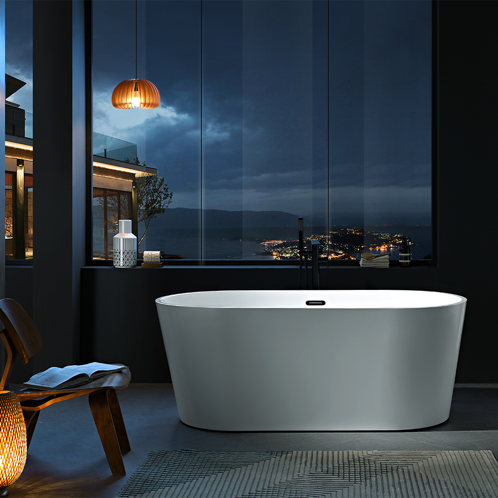 SHUIDAO Oval Freestanding Bathtub with Matte Black Floor-Mount Filler