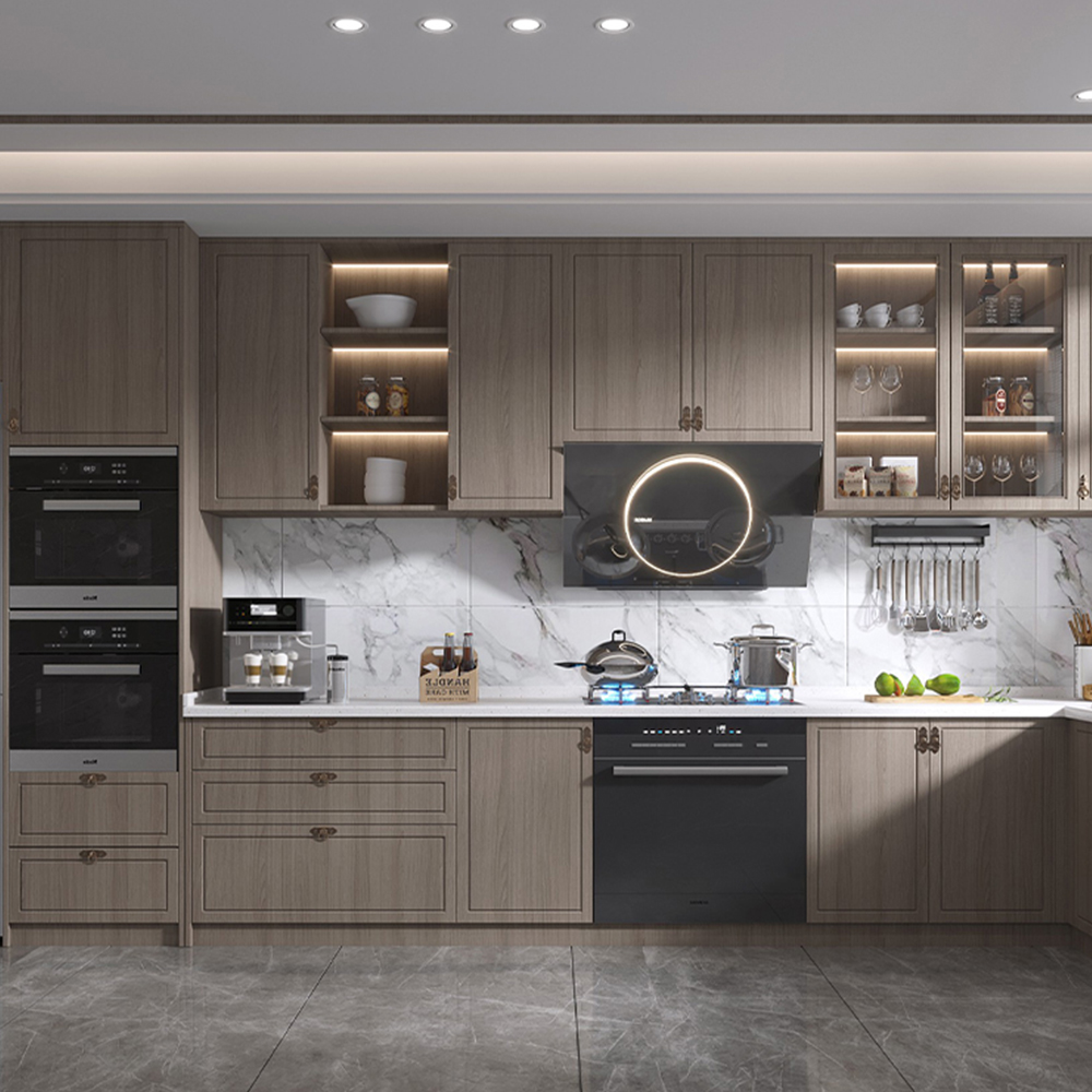 SHUIDAO Dark Luxury Kitchen-Dining Suite with Full-Wall Amber LED Wine Display, Stone-Clad Island & Integrated Dining Zone