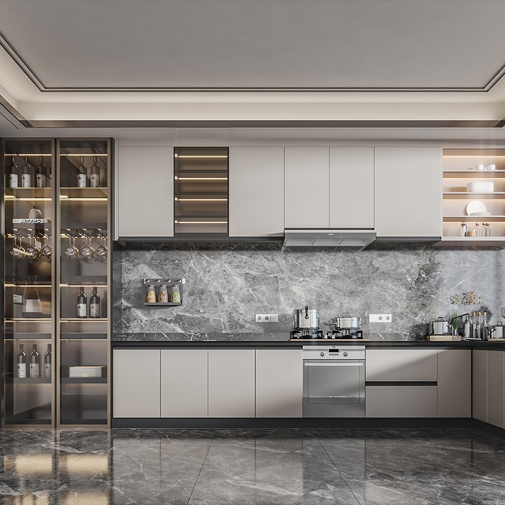 SHUIDAO Multi-Tone L-Shaped Kitchen System with High-Gloss Grey & White Cabinets, LED Open Shelf Display, Glass Showcase Unit & Marble Backsplash