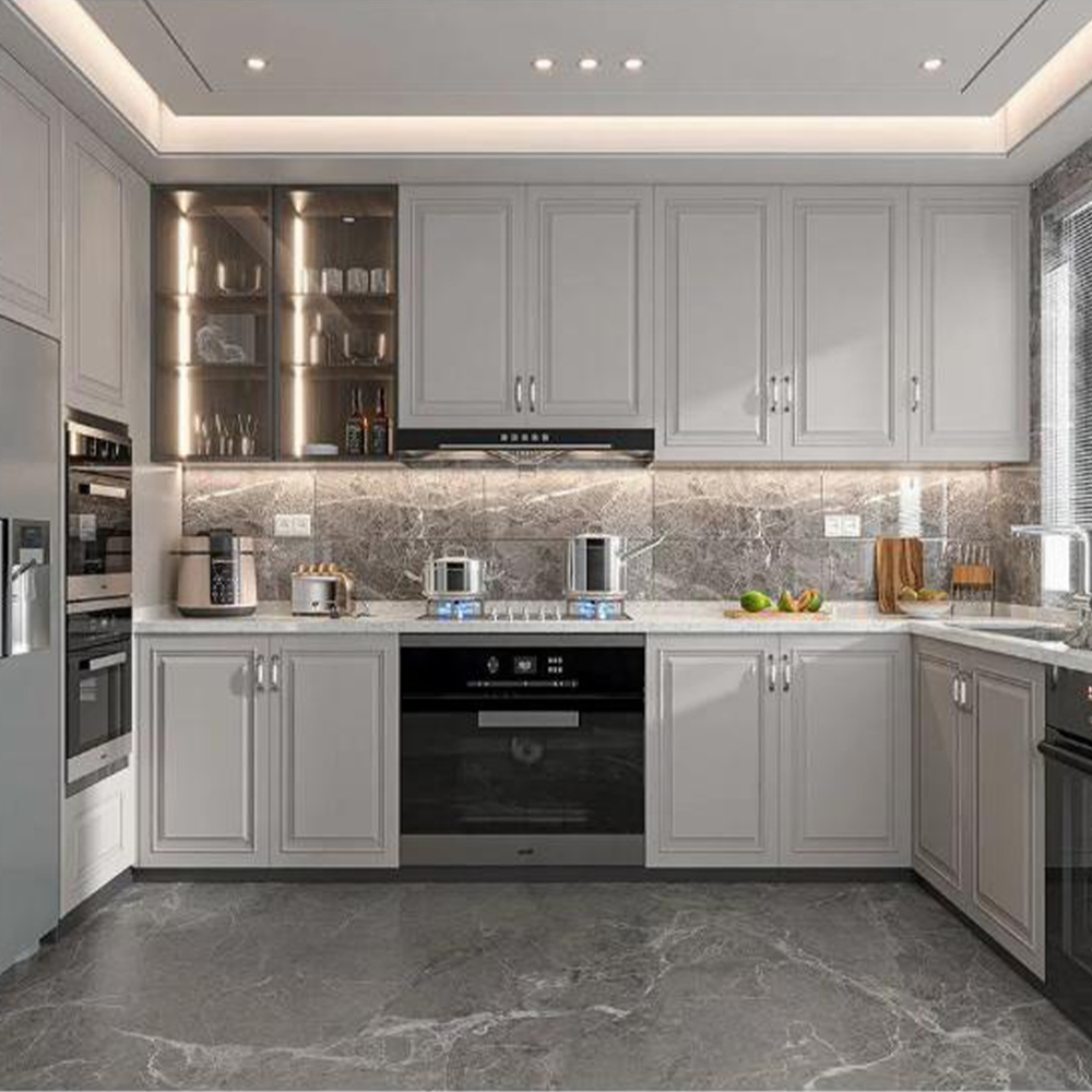 SHUIDAO Dark Luxury Open-Plan Kitchen & Dining System with White Gloss Cabinets, Black Gold Marble, Square Island Hood, LED Wine Display & Walnut Ceiling