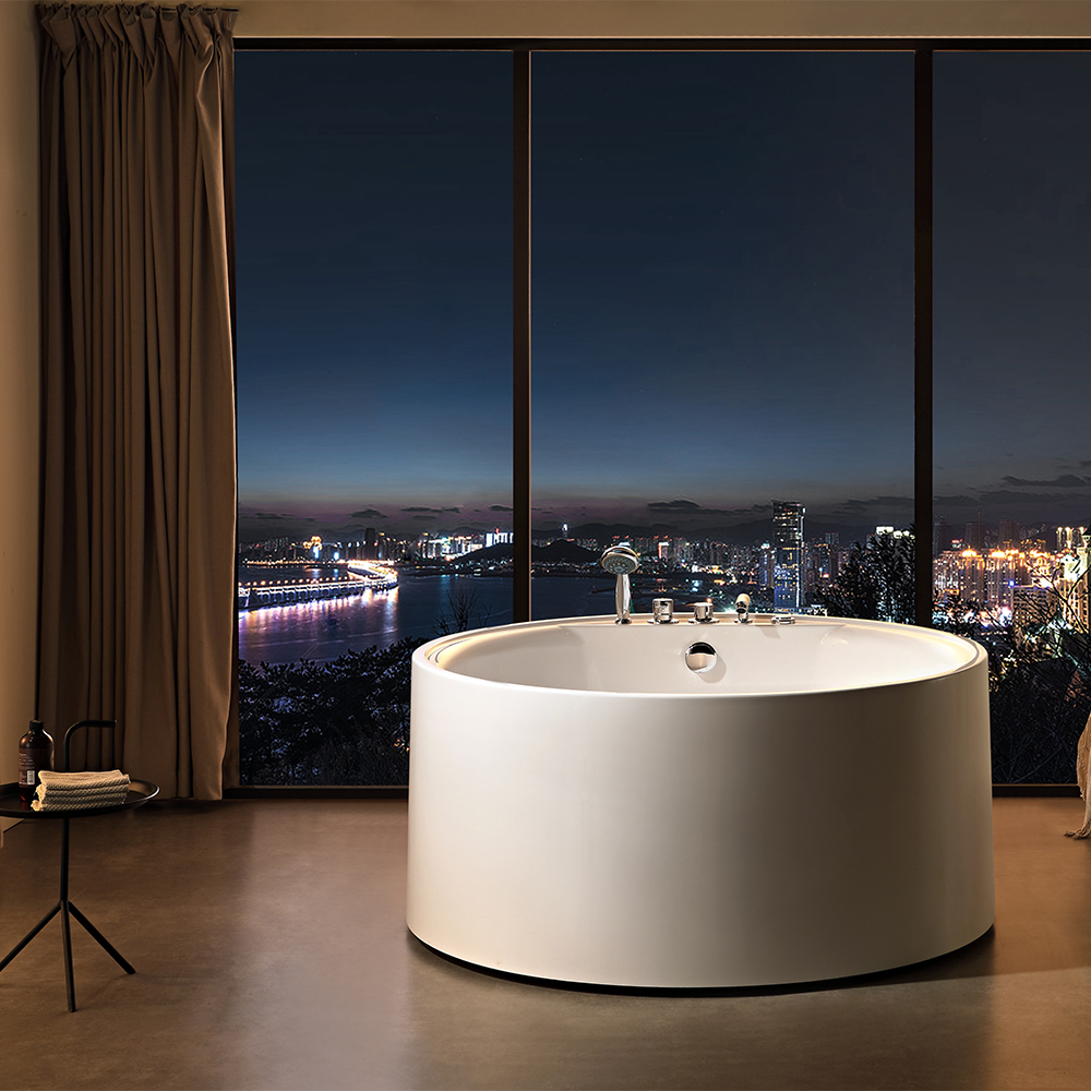 SHUIDAO Round Freestanding Whirlpool Bathtub with Side-Wall & Base Jets & 5-Hole Chrome Deck-Mount Filler