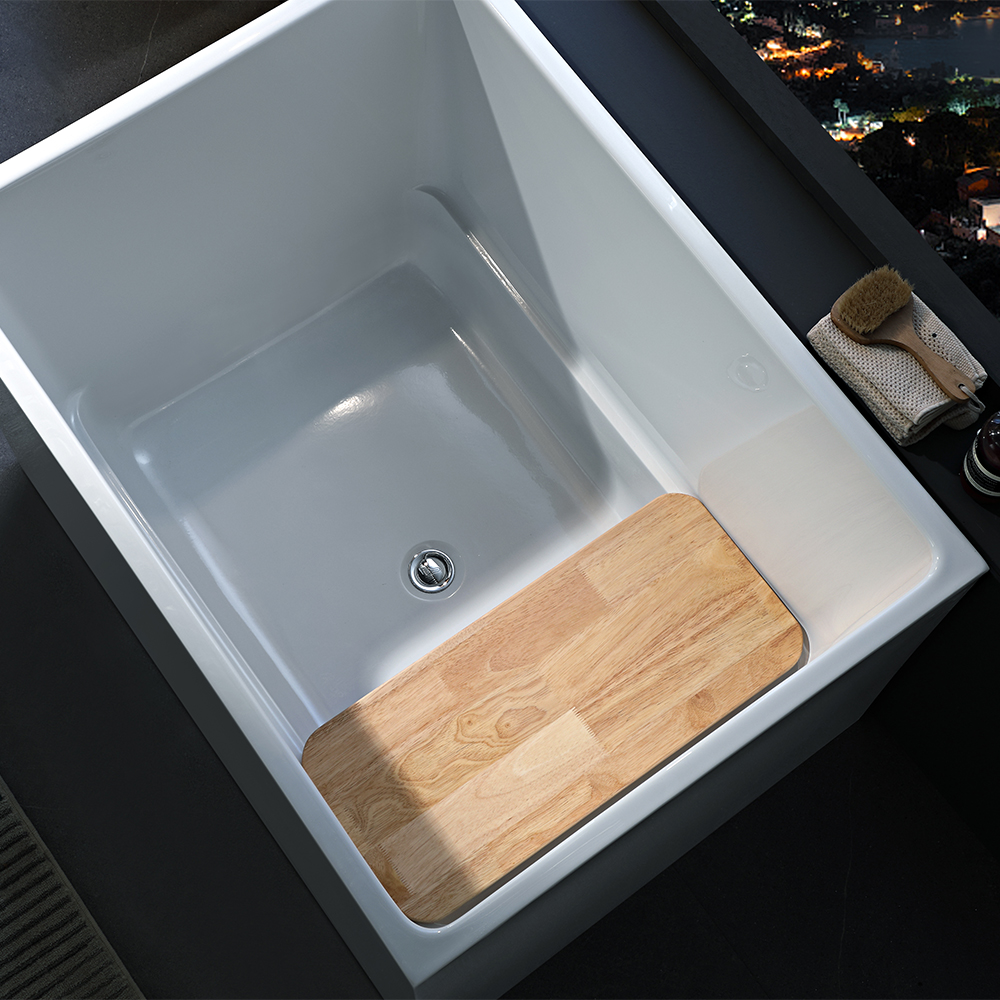 SHUIDAO Japanese Deep Soaking Tub with Integrated Seat Step & Solid Wood Floor Mat