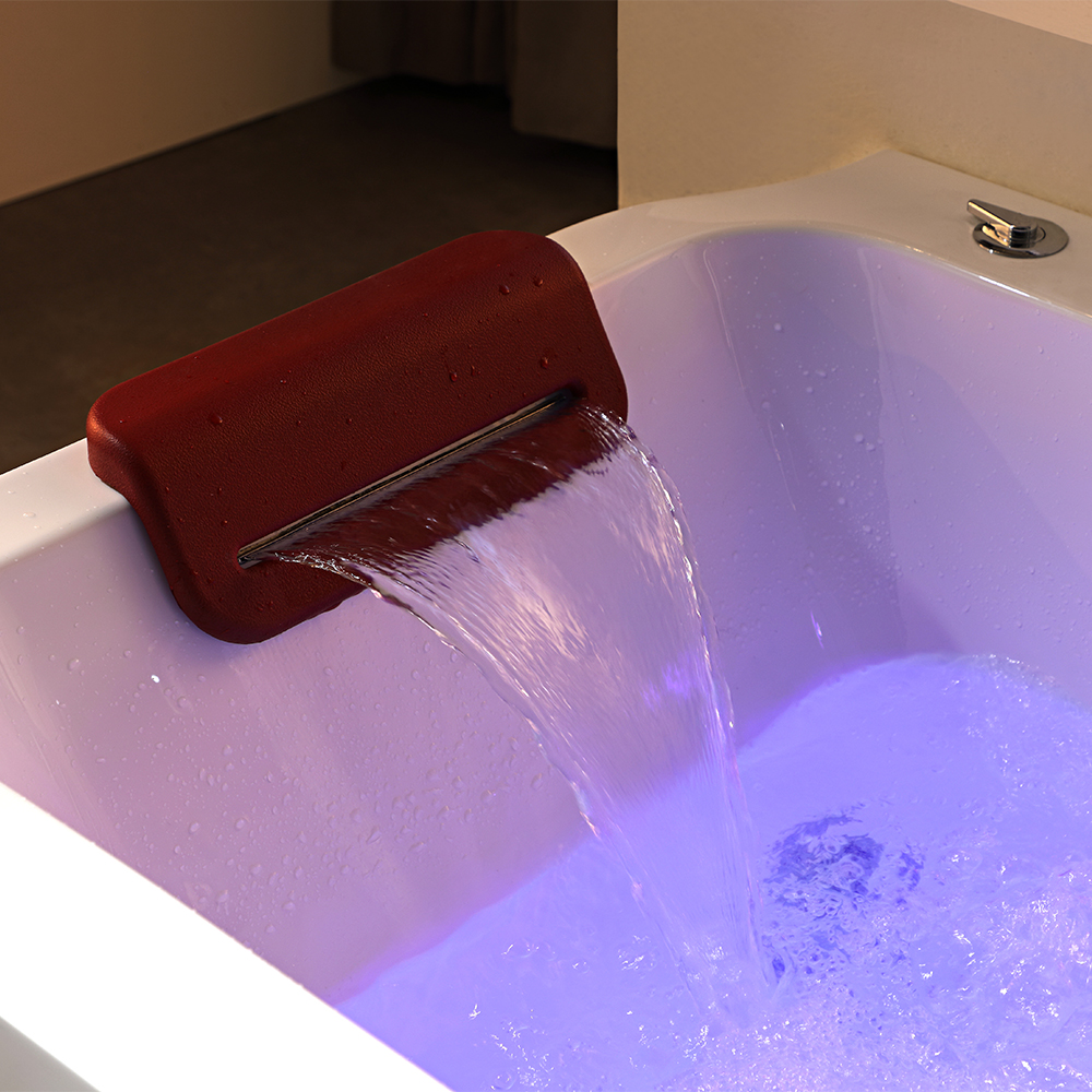 SHUIDAO Double-Person Whirlpool Bathtub with Waterfall Spout, Blue LED, Air Bubble System, LCD Touch Panel & Dual Red Headrests