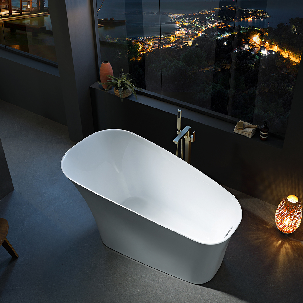 SHUIDAO Oval Slipper Freestanding Bathtub with Brushed Gold Square Floor-Mount Filler — Night Aerial View