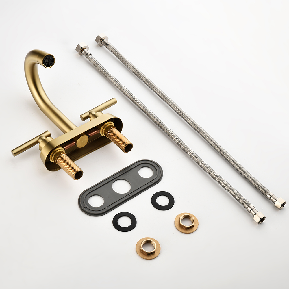 SHUIDAO Brushed Gold 4-Inch Centerset Basin Faucet with Round Gooseneck Spout & T-Bar Lever Handles