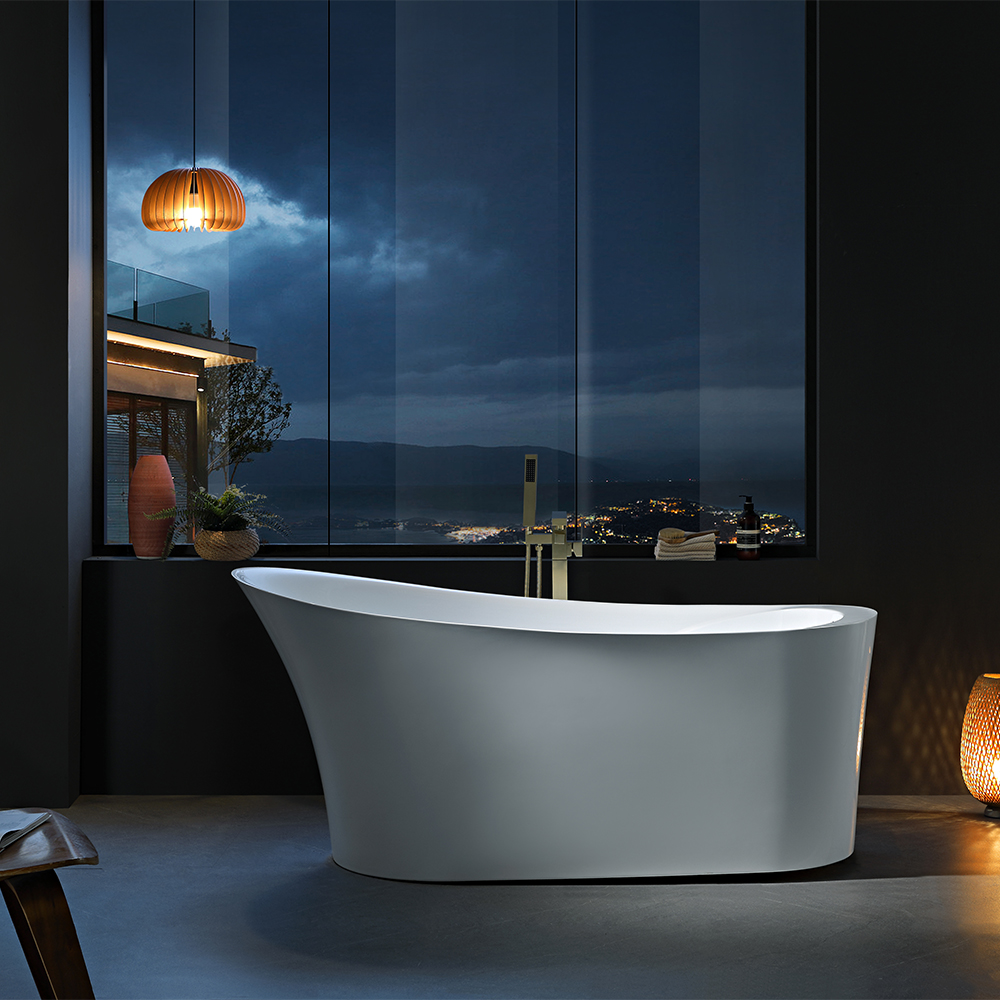 SHUIDAO Oval Slipper Freestanding Bathtub with Brushed Gold Square Floor-Mount Filler