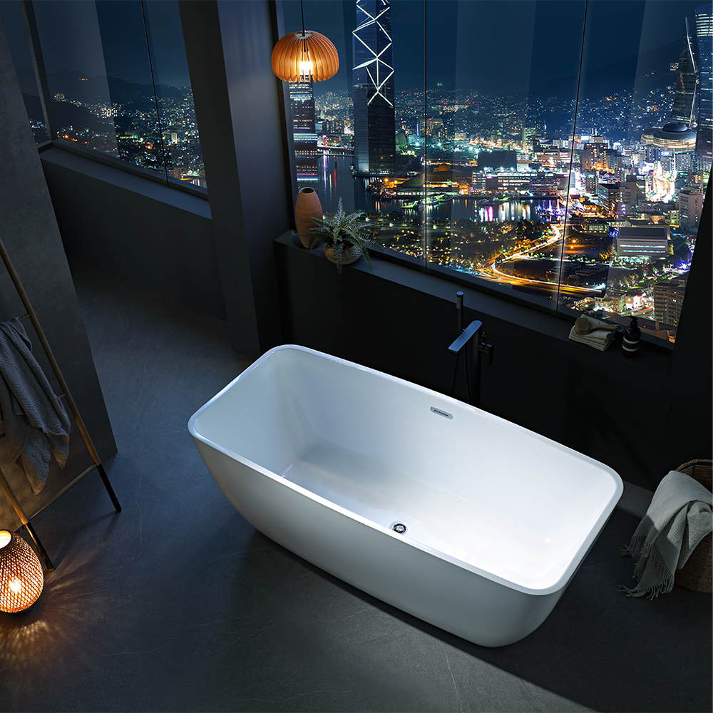SHUIDAO Rectangular Freestanding Bathtub with Softened Corners & Matte Black Floor-Mount Filler