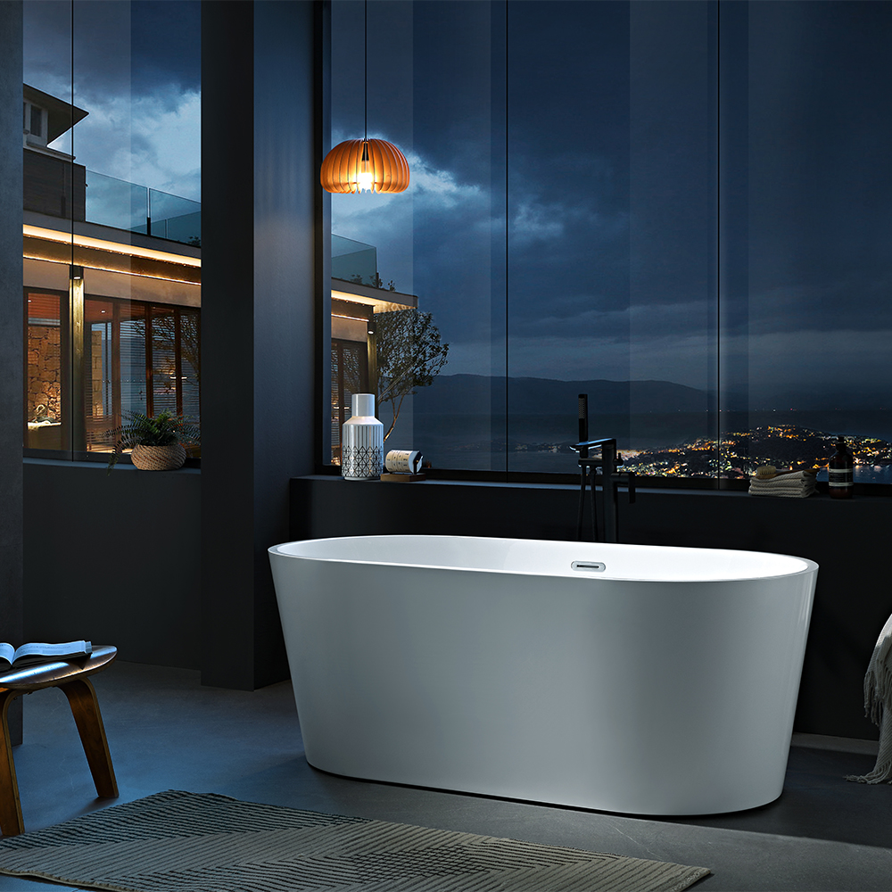 SHUIDAO Oval Freestanding Bathtub with Matte Black Floor-Mount Filler