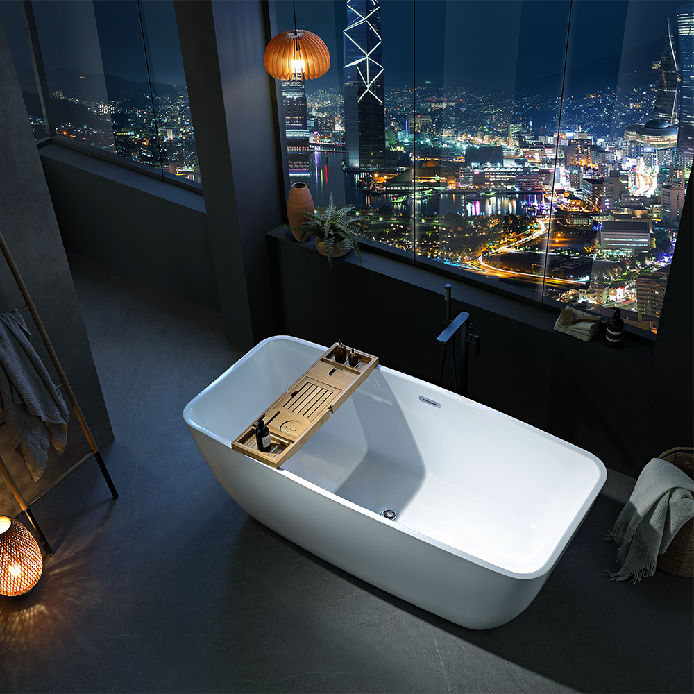 SHUIDAO Rectangular Freestanding Bathtub with Softened Corners & Matte Black Floor-Mount Filler
