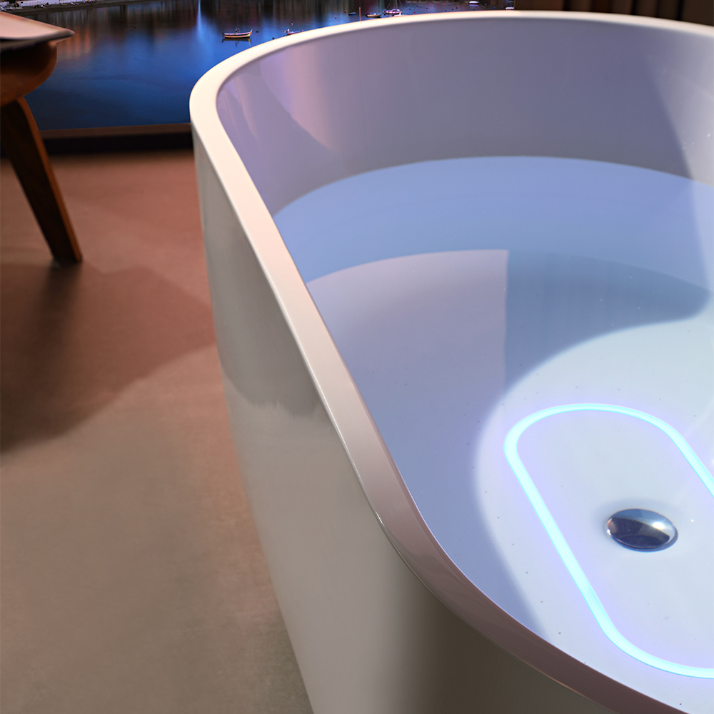 Egg-Form Freestanding Whirlpool Bathtub with Blue LED Underwater Lighting & Air Bubble Massage