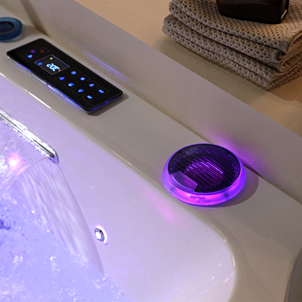 SHUIDAO Double-Person Whirlpool Bathtub with Waterfall Spout, Blue LED, Air Bubble System, LCD Touch Panel & Dual Red Headrests
