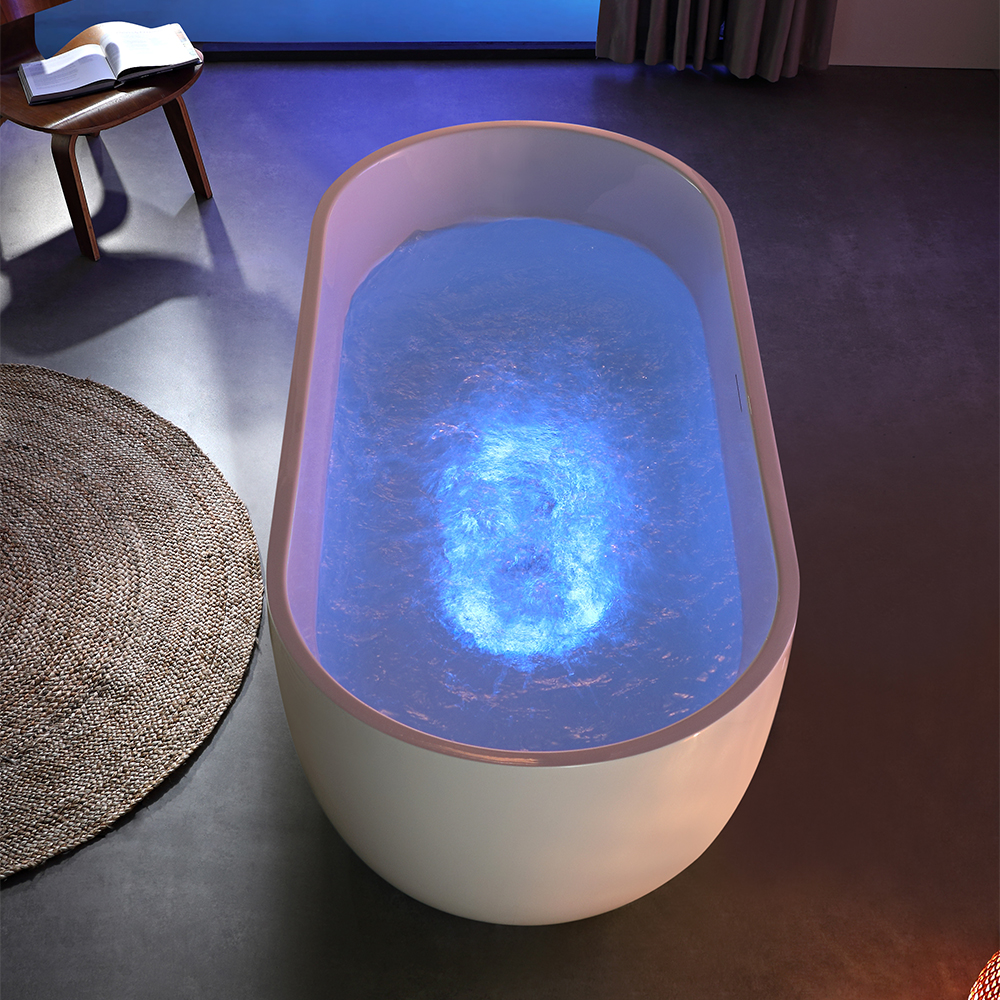 Egg-Form Freestanding Whirlpool Bathtub with Blue LED Underwater Lighting & Air Bubble Massage