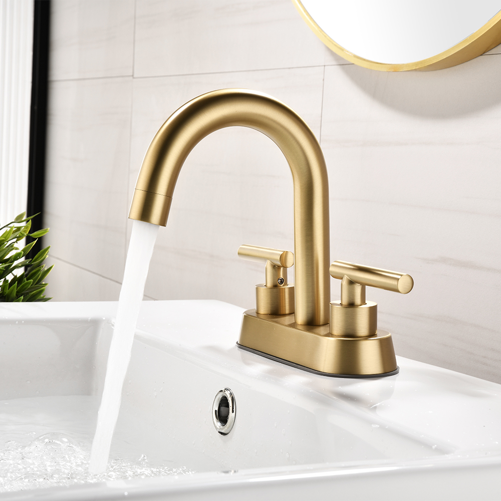 SHUIDAO Brushed Gold 4-Inch Centerset Basin Faucet with Round Gooseneck Spout & T-Bar Lever Handles