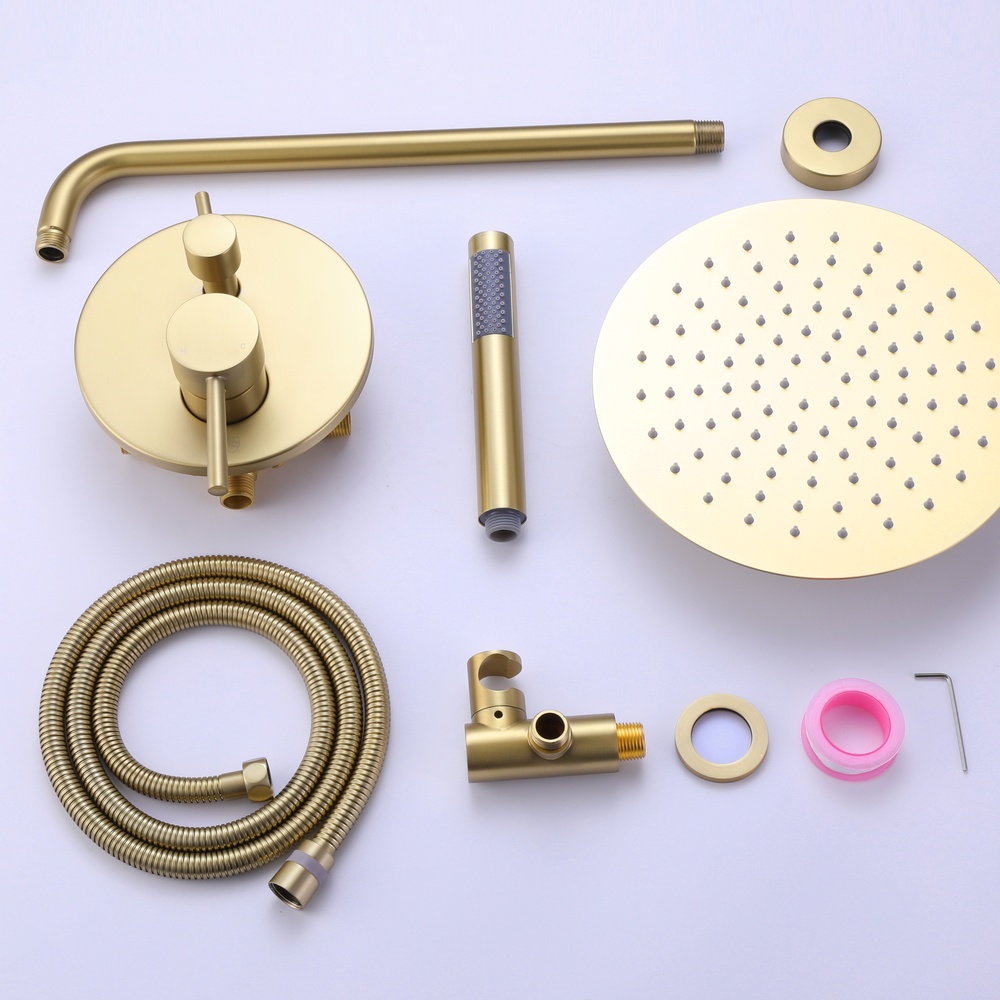 SHUIDAO Brushed Gold Concealed Shower System with Round Rain Head, Wall-Mount Arm, Dual-Function In-Wall Valve & Hand Shower