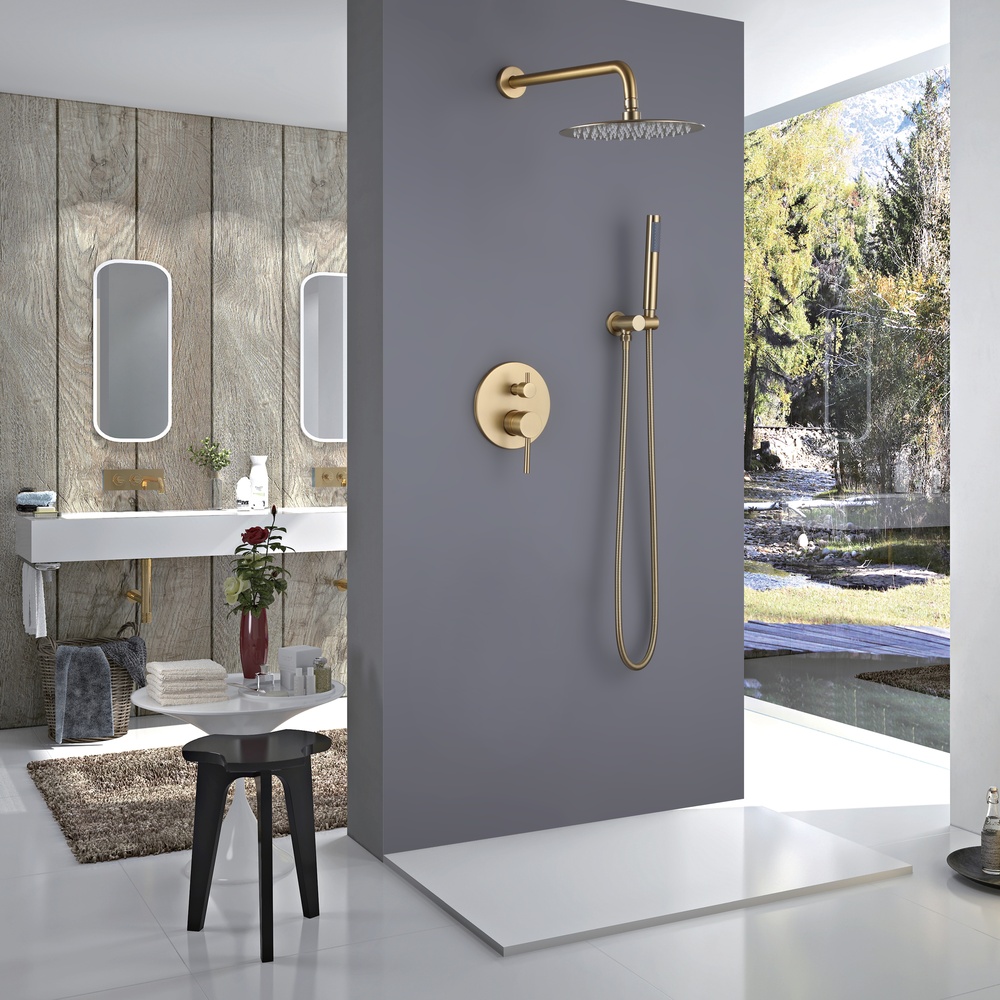 SHUIDAO Brushed Gold Concealed Shower System with Round Rain Head, Wall-Mount Arm, Dual-Function In-Wall Valve & Hand Shower
