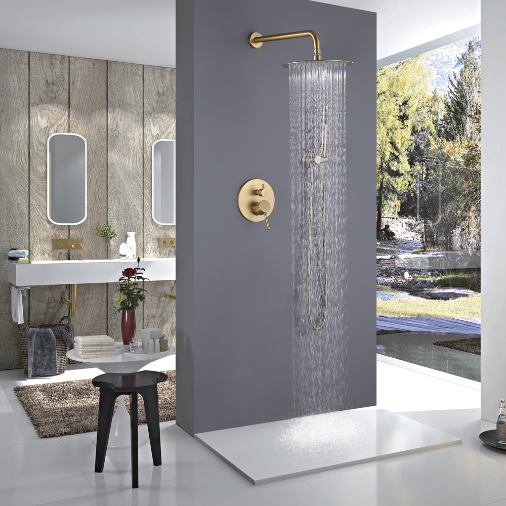 SHUIDAO Brushed Gold Concealed Shower System with Round Rain Head, Wall-Mount Arm, Dual-Function In-Wall Valve & Hand Shower